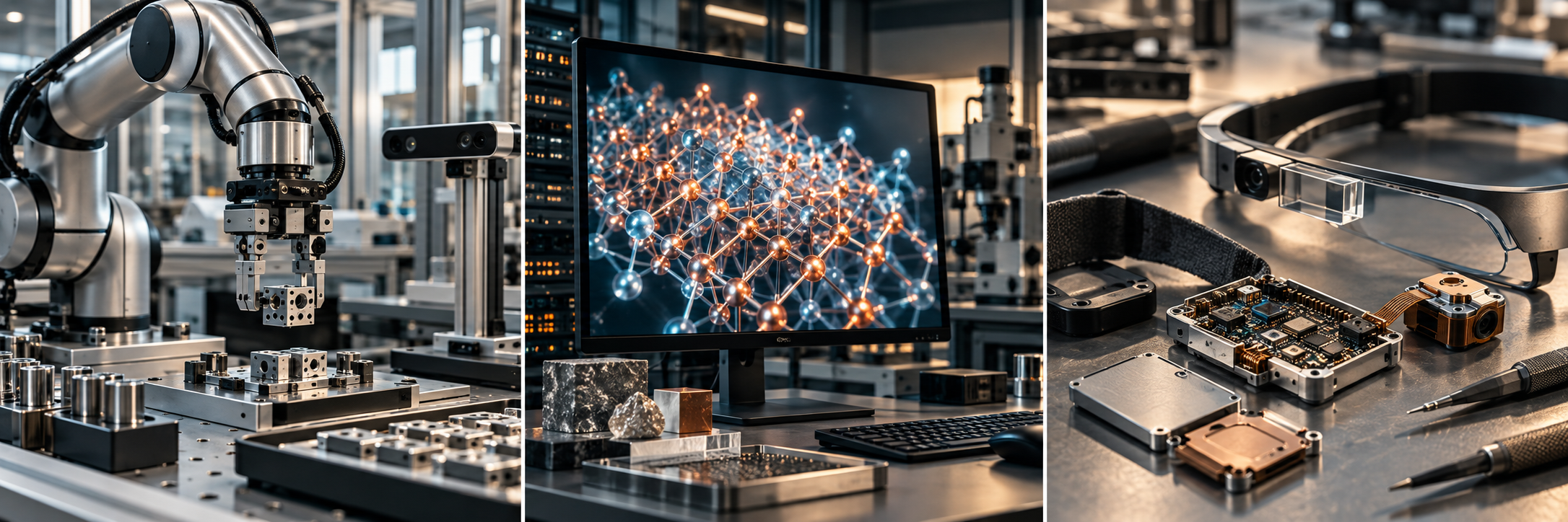 Three conceptual technology scenes: a robot arm and depth camera, an AI materials research workstation, and wearable electronics prototypes